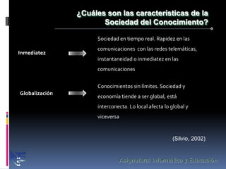 ¿Cuáles son las características de la
                       Sociedad del Conocimiento?

                     Sociedad en tiempo real. Rapidez en las
                     comunicaciones con las redes telemáticas,
Inmediatez
                     instantaneidad o inmediatez en las
                     comunicaciones


                     Conocimientos sin límites. Sociedad y
Globalización
                     economía tiende a ser global, está
                     interconecta. Lo local afecta lo global y
                     viceversa


                                                      (Silvio, 2002)


                              Asignatura: Informática y Educación
 