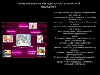 Algunas distinciones entre la cooperación, la competencia y el
                       individualismo

                                    1. Mayores esfuerzos por lograr un buen desempeño;
                                                          esto incluye un
                                    rendimiento más elevado y una mayor productividad
                                                         por parte de los
                                   alumnos, mayor posibilidad de retención a largo plazo,
                                                            motivación
                                   intrínseca, motivación para lograr un alto rendimiento,
                                                          mayor tiempo
                                           dedicado a las tareas, un nivel superior de
                                                  razonamiento y pensamiento
                                                              crítico.
                                     2. Relaciones más positivas entre los alumnos; esto
                                                    incluye un incremento del
                                           espíritu de equipo, relaciones solidarias y
                                                    comprometidas, respaldo
                                    personal e institucional, valoración de la diversidad y
                                                             cohesión.
                                         3. Mayor salud mental; esto incluye un ajuste
                                                       psicológico general,
                                    fortalecimiento del yo, desarrollo social, integración,
                                                      autoestima, sentido de
                                        la propia identidad y capacidad de enfrentar la
                                                   adversidad y las tensiones.
 