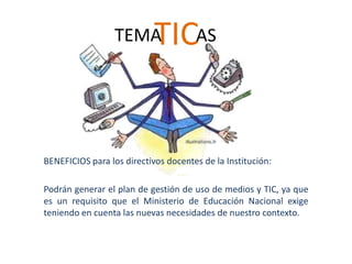TEMA      TICAS


BENEFICIOS para los directivos docentes de la Institución:

Podrán generar el plan de gestión de uso de medios y TIC, ya que
es un requisito que el Ministerio de Educación Nacional exige
teniendo en cuenta las nuevas necesidades de nuestro contexto.
 