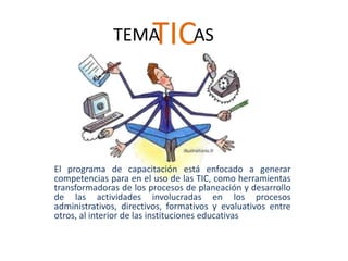 TEMA      TICAS


El programa de capacitación está enfocado a generar
competencias para en el uso de las TIC, como herramientas
transformadoras de los procesos de planeación y desarrollo
de las actividades involucradas en los procesos
administrativos, directivos, formativos y evaluativos entre
otros, al interior de las instituciones educativas
 