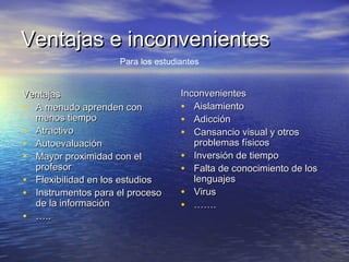 Ventajas e inconvenientesVentajas e inconvenientes
VentajasVentajas
• A menudo aprenden conA menudo aprenden con
menos tiempomenos tiempo
• AtractivoAtractivo
• AutoevaluaciónAutoevaluación
• Mayor proximidad con elMayor proximidad con el
profesorprofesor
• Flexibilidad en los estudiosFlexibilidad en los estudios
• Instrumentos para el procesoInstrumentos para el proceso
de la informaciónde la información
• ……....
InconvenientesInconvenientes
• AislamientoAislamiento
• AdicciónAdicción
• Cansancio visual y otrosCansancio visual y otros
problemas físicosproblemas físicos
• Inversión de tiempoInversión de tiempo
• Falta de conocimiento de losFalta de conocimiento de los
lenguajeslenguajes
• VirusVirus
• …………..
Para los estudiantes
 