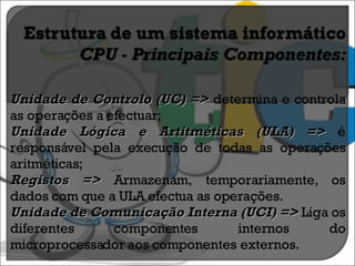 Unidade de Controlo (UC) =>  determina e controla as operações a efectuar; Unidade Lógica e Artitméticas (ULA) =>  é responsável pela execução de todas as operações aritméticas; Registos =>  Armazenam, temporariamente, os dados com que a ULA efectua as operações. Unidade de Comunicação Interna (UCI) =>  Liga os diferentes componentes internos do microprocessador aos componentes externos. 