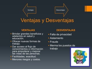 VENTAJAS DESVENTAJAS
Ventajas y Desventajas
 Brindar grandes beneficios y
adelantos en salud y
educación.
 Ofrecer nuevas formas de
trabajo.
 Dar acceso al flujo de
conocimientos e información
para empoderar y mejorar
las vidas de las personas.
 Facilidades, exactitud.
 Menores riesgos y costos.
 Falta de privacidad
 Aislamiento
 Fraude
 Merma los puestos de
trabajo
Ventajas Desventajas
 