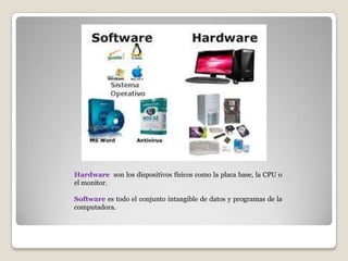 Hardware son los dispositivos físicos como la placa base, la CPU o
el monitor.
Software es todo el conjunto intangible de datos y programas de la
computadora.
 