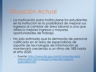 • La motivación para matricularse los estudiantes
en la institución es la posibilidad de mejorar sus
ingresos al cambiar de área laboral a una que
ofrezca mejores ingresos y mayores
oportunidades de trabajo.
• Ha sido estimado que la demanda de personal
calificado en el área de especialistas de
soporte de tecnologías de información se
mantendrá creciendo a un ritmo de 18% hasta
el año 2020.
– Fuente: http://www.bls.gov/ooh/computer-and-
information-technology/computer-support-
specialists.htm
Situación Actual
 