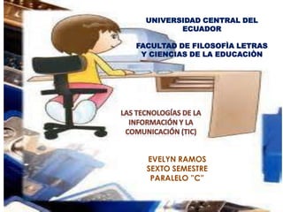 UNIVERSIDAD CENTRAL DEL
ECUADOR
FACULTAD DE FILOSOFÌA LETRAS
Y CIENCIAS DE LA EDUCACIÒN

EVELYN RAMOS
SEXTO SEMESTRE
PARALELO ”C”

 