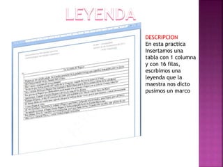 DESCRIPCION
En esta practica
Insertamos una
tabla con 1 columna
y con 16 filas,
escrbimos una
leyenda que la
maestra nos dicto
pusimos un marco

 