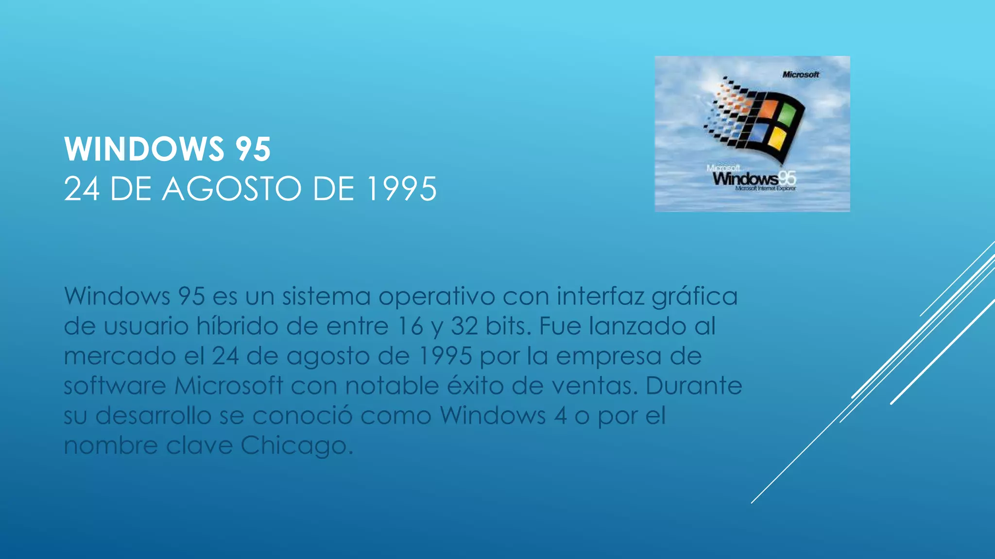 WINDOWS 95
24 DE AGOSTO DE 1995
Windows 95 es un sistema operativo con interfaz gráfica
de usuario híbrido de entre 16 y 32 bits. Fue lanzado al
mercado el 24 de agosto de 1995 por la empresa de
software Microsoft con notable éxito de ventas. Durante
su desarrollo se conoció como Windows 4 o por el
nombre clave Chicago.
 