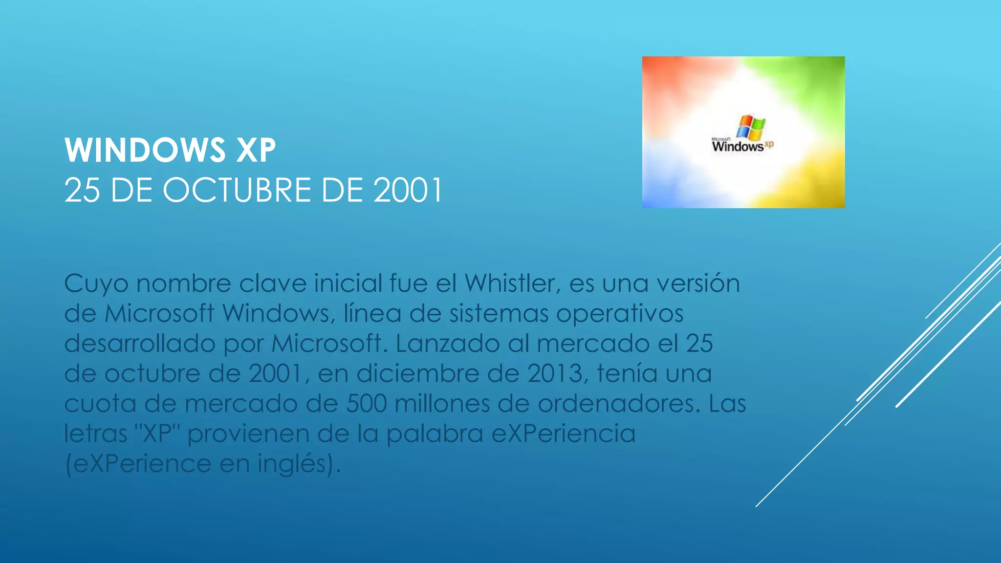 WINDOWS XP
25 DE OCTUBRE DE 2001
Cuyo nombre clave inicial fue el Whistler, es una versión
de Microsoft Windows, línea de sistemas operativos
desarrollado por Microsoft. Lanzado al mercado el 25
de octubre de 2001, en diciembre de 2013, tenía una
cuota de mercado de 500 millones de ordenadores. Las
letras "XP" provienen de la palabra eXPeriencia
(eXPerience en inglés).
 