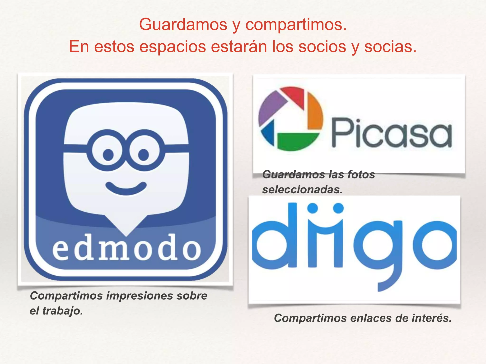 Guardamos y compartimos.
En estos espacios estarán los socios y socias.
Compartimos impresiones sobre
el trabajo.
Guardamos las fotos
seleccionadas.
Compartimos enlaces de interés.
 