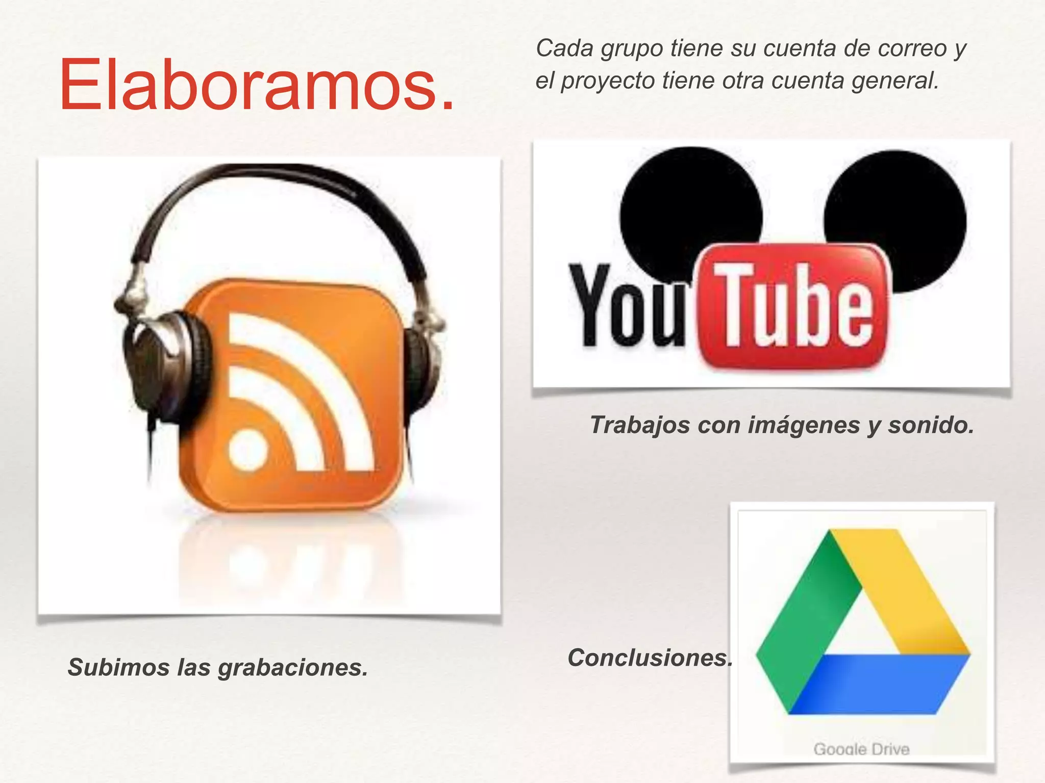 Elaboramos.
Subimos las grabaciones.
Cada grupo tiene su cuenta de correo y
el proyecto tiene otra cuenta general.
Trabajos con imágenes y sonido.
Conclusiones.
 