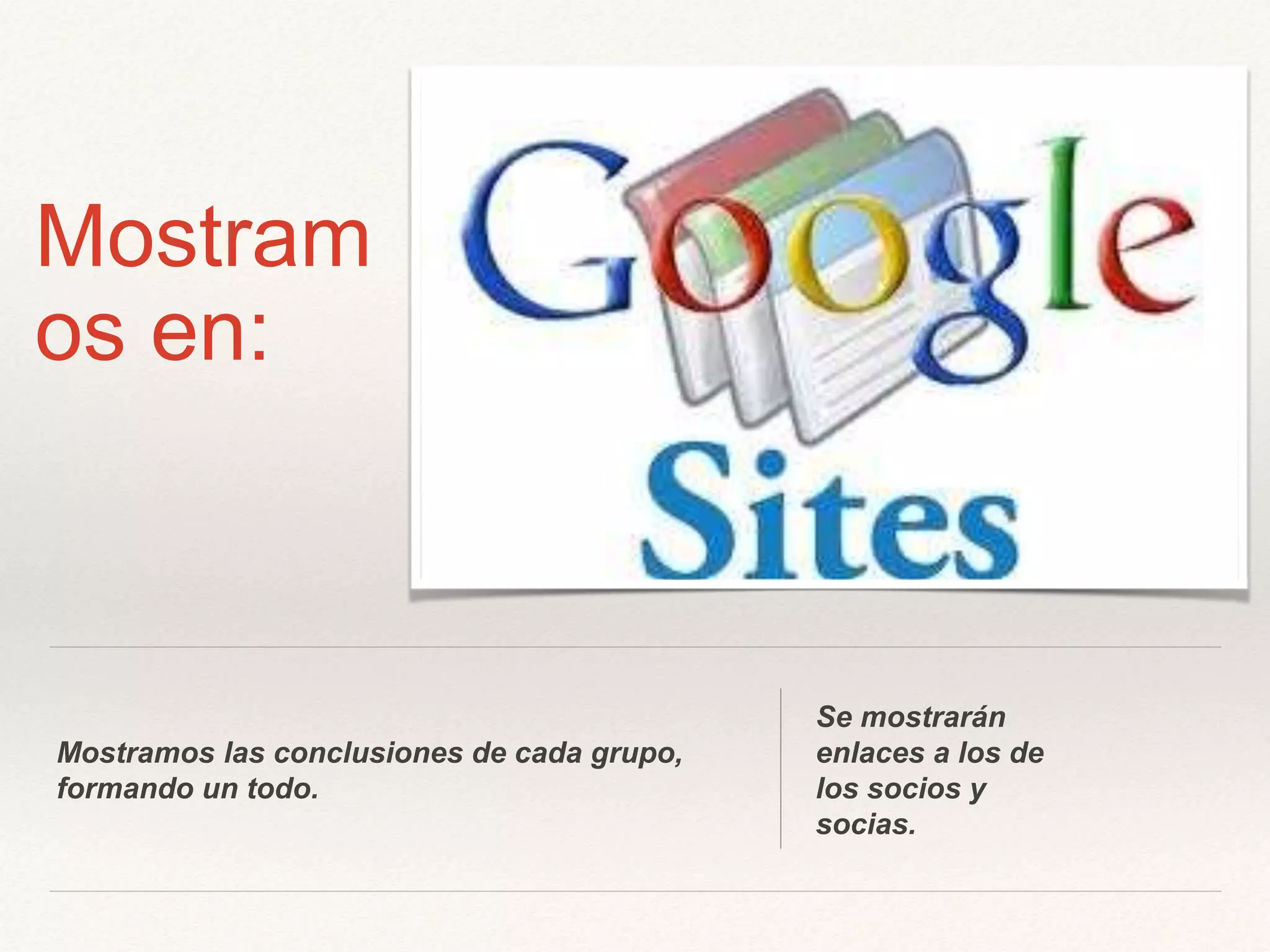 Mostramos
en:
Mostramos las conclusiones de cada grupo,
formando un todo.
Se mostrarán
enlaces a los de
los socios y
socias.
 