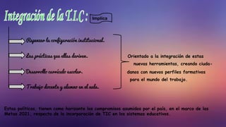 Implica
Repenzar la configuración institucional.
Las prácticas que ellas deriven. Orientado a la integración de estas
nuevas herramientas, creando ciuda-
Desarrollo currículo escolar. danos con nuevos perfiles formativos
para el mundo del trabajo.
Trabajo docente y alumno en el aula.
Estas políticas, tienen como horizonte los compromisos asumidos por el país, en el marco de las
Metas 2021, respecto de la incorporación de TIC en los sistemas educativos.
 