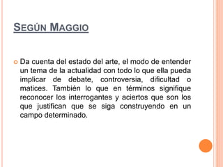 SEGÚN MAGGIO 
 Da cuenta del estado del arte, el modo de entender 
un tema de la actualidad con todo lo que ella pueda 
implicar de debate, controversia, dificultad o 
matices. También lo que en términos signifique 
reconocer los interrogantes y aciertos que son los 
que justifican que se siga construyendo en un 
campo determinado. 
 