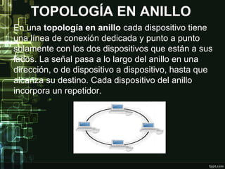 TOPOLOGÍA EN ANILLO
En una topología en anillo cada dispositivo tiene
una línea de conexión dedicada y punto a punto
solamente con los dos dispositivos que están a sus
lados. La señal pasa a lo largo del anillo en una
dirección, o de dispositivo a dispositivo, hasta que
alcanza su destino. Cada dispositivo del anillo
incorpora un repetidor.
 