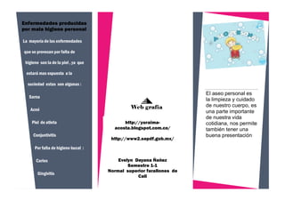 La mayoría de las enfermedades
que se provocan por falta de
higiene son la de la piel , ya que
estará mas expuesta a la
suciedad estas son algunas :
Sarna
Acné
Piel de atleta
Conjuntivitis
Por falta de higiene bucal :
Caries
Gingivitis
Enfermedades producidas
por mala higiene personal
El aseo personal es
la limpieza y cuidado
de nuestro cuerpo, es
una parte importante
de nuestra vida
cotidiana, nos permite
también tener una
buena presentación
http://yuraima-
acosta.blogspot.com.co/
http://www2.sepdf.gob.mx/
Evelyn Dayana Ñañez
Semestre 1-1
Normal superior farallones de
Cali
Web grafía