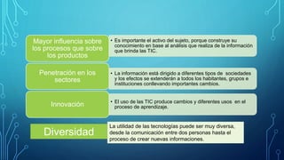 • La información está dirigido a diferentes tipos de sociedades
y los efectos se extenderán a todos los habitantes, grupos e
instituciones conllevando importantes cambios.
Penetración en los
sectores
• Es importante el activo del sujeto, porque construye su
conocimiento en base al análisis que realiza de la información
que brinda las TIC.
Mayor influencia sobre
los procesos que sobre
los productos
• El uso de las TIC produce cambios y diferentes usos en el
proceso de aprendizaje.Innovación
Diversidad
La utilidad de las tecnologías puede ser muy diversa,
desde la comunicación entre dos personas hasta el
proceso de crear nuevas informaciones.
 
