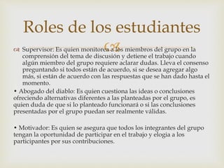  Supervisor: Es quien monitorea a los miembros del grupo en la
comprensión del tema de discusión y detiene el trabajo cuando
algún miembro del grupo requiere aclarar dudas. Lleva el consenso
preguntando si todos están de acuerdo, si se desea agregar algo
más, si están de acuerdo con las respuestas que se han dado hasta el
momento.
• Abogado del diablo: Es quien cuestiona las ideas o conclusiones
ofreciendo alternativas diferentes a las planteadas por el grupo, es
quien duda de que si lo planteado funcionará o si las conclusiones
presentadas por el grupo puedan ser realmente válidas.
• Motivador: Es quien se asegura que todos los integrantes del grupo
tengan la oportunidad de participar en el trabajo y elogia a los
participantes por sus contribuciones.
Roles de los estudiantes
 