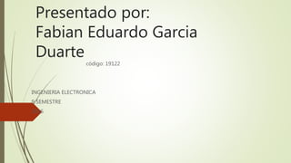 Presentado por:
Fabian Eduardo Garcia
Duarte
código: 19122
INGENIERIA ELECTRONICA
9 SEMESTRE
2016
 