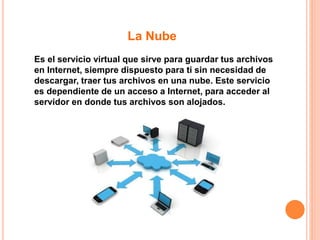 La Nube
Es el servicio virtual que sirve para guardar tus archivos
en Internet, siempre dispuesto para ti sin necesidad de
descargar, traer tus archivos en una nube. Este servicio
es dependiente de un acceso a Internet, para acceder al
servidor en donde tus archivos son alojados.
 