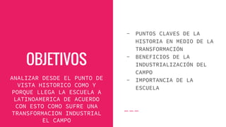 OBJETIVOS
ANALIZAR DESDE EL PUNTO DE
VISTA HISTORICO COMO Y
PORQUE LLEGA LA ESCUELA A
LATINOAMERICA DE ACUERDO
CON ESTO COMO SUFRE UNA
TRANSFORMACION INDUSTRIAL
EL CAMPO
- PUNTOS CLAVES DE LA
HISTORIA EN MEDIO DE LA
TRANSFORMACIÓN
- BENEFICIOS DE LA
INDUSTRIALIZACIÓN DEL
CAMPO
- IMPORTANCIA DE LA
ESCUELA
 