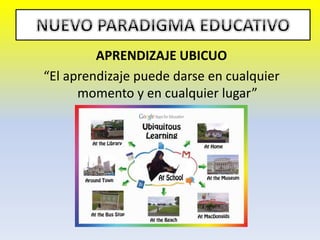 APRENDIZAJE UBICUO
“El aprendizaje puede darse en cualquier
momento y en cualquier lugar”
 