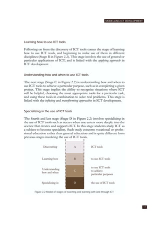 MODELLING ICT DEVELOPMENT
17
Learning how to use ICT tools
Following on from the discovery of ICT tools comes the stage of learning
how to use ICT tools, and beginning to make use of them in different
disciplines (Stage B in Figure 2.2). This stage involves the use of general or
particular applications of ICT, and is linked with the applying approach in
ICT development.
Understanding how and when to use ICT tools
The next stage (Stage C in Figure 2.2) is understanding how and when to
use ICT tools to achieve a particular purpose, such as in completing a given
project. This stage implies the ability to recognize situations where ICT
will be helpful, choosing the most appropriate tools for a particular task,
and using these tools in combination to solve real problems. This stage is
linked with the infusing and transforming approaches in ICT development.
Specializing in the use of ICT tools
The fourth and last stage (Stage D in Figure 2.2) involves specializing in
the use of ICT tools such as occurs when one enters more deeply into the
science that creates and supports ICT. In this stage students study ICT as
a subject to become specialists. Such study concerns vocational or profes-
sional education rather than general education and is quite different from
previous stages involving the use of ICT tools.
Figure 2.2 Model of stages of teaching and learning with and through ICT
Discovering A ICT tools
Learning how B to use ICT tools
Understanding
how and when
C
to use ICT tools
to achieve
particular purposes
Specializing in D the use of ICT tools
 