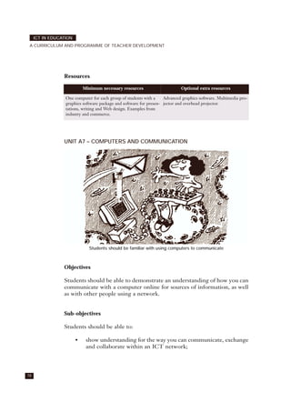 Resources
UNIT A7 – COMPUTERS AND COMMUNICATION
Students should be familiar with using computers to communicate
Objectives
Students should be able to demonstrate an understanding of how you can
communicate with a computer online for sources of information, as well
as with other people using a network.
Sub-objectives
Students should be able to:
• show understanding for the way you can communicate, exchange
and collaborate within an ICT network;
78
ICT IN EDUCATION
A CURRICULUM AND PROGRAMME OF TEACHER DEVELOPMENT
Minimum necessary resources Optional extra resources
One computer for each group of students with a
graphics software package and software for presen-
tations, writing and Web design. Examples from
industry and commerce.
Advanced graphics software. Multimedia pro-
jector and overhead projector.
 