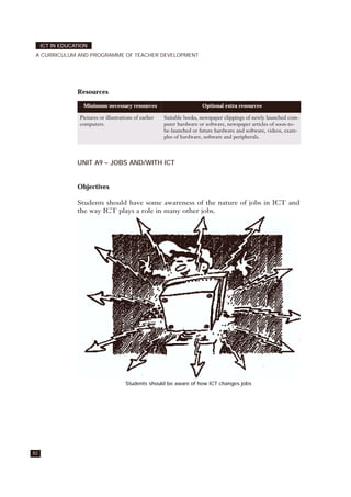 Resources
UNIT A9 – JOBS AND/WITH ICT
Objectives
Students should have some awareness of the nature of jobs in ICT and
the way ICT plays a role in many other jobs.
Students should be aware of how ICT changes jobs
82
ICT IN EDUCATION
A CURRICULUM AND PROGRAMME OF TEACHER DEVELOPMENT
Minimum necessary resources Optional extra resources
Pictures or illustrations of earlier
computers.
Suitable books, newspaper clippings of newly launched com-
puter hardware or software, newspaper articles of soon-to-
be-launched or future hardware and software, videos, exam-
ples of hardware, software and peripherals.
 