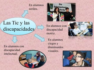 En alumnos
sordos.
En alumnos
ciegos y
disminuidos
visuales.
En alumnos con
discapacidad
motriz.
En alumnos con
discapacidad
intelectual.
Las Tic y las
discapacidades
 