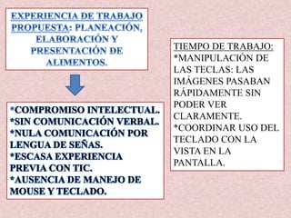 TIEMPO DE TRABAJO:
*MANIPULACIÓN DE
LAS TECLAS: LAS
IMÁGENES PASABAN
RÁPIDAMENTE SIN
PODER VER
CLARAMENTE.
*COORDINAR USO DEL
TECLADO CON LA
VISTA EN LA
PANTALLA.
 