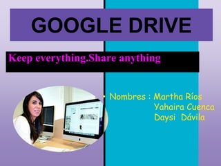 • Nombres : Martha Ríos
Yahaira Cuenca
Daysi Dávila
GOOGLE DRIVE
Keep everything.Share anything
 