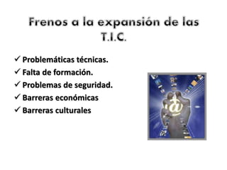  Problemáticas técnicas.
 Falta de formación.
 Problemas de seguridad.
 Barreras económicas
 Barreras culturales
 