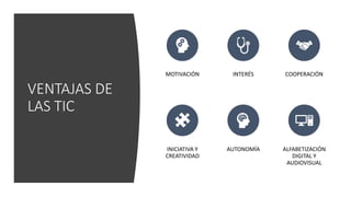 VENTAJAS DE
LAS TIC
MOTIVACIÓN INTERÉS COOPERACIÓN
INICIATIVA Y
CREATIVIDAD
AUTONOMÍA ALFABETIZACIÓN
DIGITAL Y
AUDIOVISUAL
 