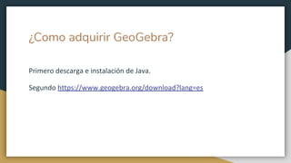 ¿Como adquirir GeoGebra?
Primero descarga e instalación de Java.
Segundo https://www.geogebra.org/download?lang=es
 