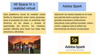 Alt Space Vr o
realidad virtual
Esta plataforma social de realidad virtual
facilita la interacción entre varias personas,
tiene el propósito de crear un ambiente más
dinámico en las clases y ampliar el
aprendizaje del alumno, los maestros
pueden utilizarla para hacer sus clase más
atractivas y eficientes.
Adobe Spark
Aplicación de medios basado en la nube
que permite tanto a pymes como a
grandes empresas e instituciones
educativas crear gráficos sociales, videos
cortos y páginas web al utilizar las
herramientas de diseño incorporados.
 