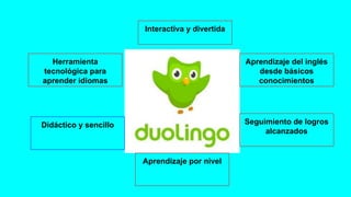 Herramienta
tecnológica para
aprender idiomas
Interactiva y divertida
Aprendizaje del inglés
desde básicos
conocimientos
Didáctico y sencillo
Aprendizaje por nivel
Seguimiento de logros
alcanzados
 