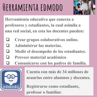 Herramienta edmodo
Herramienta educativa que conecta a
profesores y estudiantes, la cual asimila a
una red social, en esta los docentes pueden:
❏ Crear grupos colaborativos online.
❏ Administrar las materias.
❏ Medir el desempeño de los estudiantes.
❏ Proveer material académico
❏ Comunicarse con los padres de familia.
Cuenta con más de 34 millones de
usuarios entre alumnos y docentes.
Registrarse como estudiante,
profesor o familiar.
 