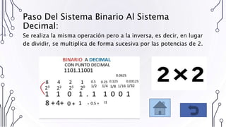 Paso Del Sistema Binario Al Sistema
Decimal:
Se realiza la misma operación pero a la inversa, es decir, en lugar
de dividir, se multiplica de forma sucesiva por las potencias de 2.
 