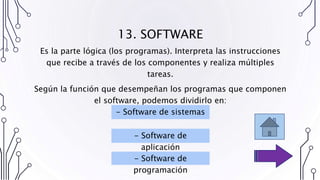 13. SOFTWARE
Es la parte lógica (los programas). Interpreta las instrucciones
que recibe a través de los componentes y realiza múltiples
tareas.
Según la función que desempeñan los programas que componen
el software, podemos dividirlo en:
- Software de sistemas
- Software de
aplicación
- Software de
programación
 