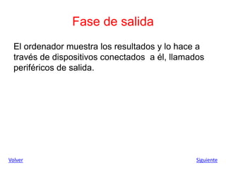 Fase de salida
El ordenador muestra los resultados y lo hace a
través de dispositivos conectados a él, llamados
periféricos de salida.
Volver Siguiente
 