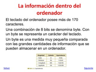 La información dentro del
ordenador
El teclado del ordenador posee más de 170
caracteres.
Una combinación de 8 bits se denomina byte. Con
un byte se representa un carácter del teclado.
Un byte es una medida muy pequeña comparada
con las grandes cantidades de información que se
pueden almacenar en un ordenador.
Volver Siguiente
 