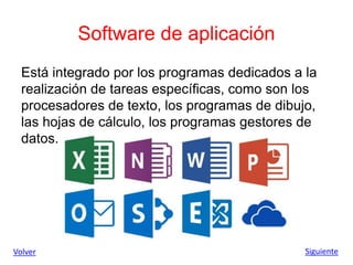 Software de aplicación
Está integrado por los programas dedicados a la
realización de tareas específicas, como son los
procesadores de texto, los programas de dibujo,
las hojas de cálculo, los programas gestores de
datos. etc.
Volver Siguiente
 