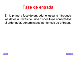 Fase de entrada
En la primera fase de entrada, el usuario introduce
los datos a través de unos dispositivos conectados
al ordenador, denominados periféricos de entrada.
Volver Siguiente
 