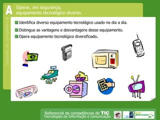  Identifica diverso equipamento tecnológico usado no dia a dia. Operar, em segurança,  equipamento tecnológico diverso.  Distingue as vantagens e desvantagens desse equipamento.  Opera equipamento tecnológico diversificado . A 
