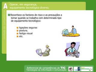  ligações seguras   postura,    fadiga visual   etc.  Reconhece os factores de risco e as precauções a tomar quando se trabalha com determinado tipo de equipamento tecnológico: Operar, em segurança,  equipamento tecnológico diverso. A 