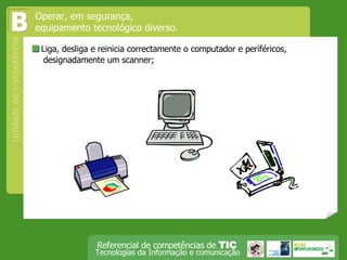  Liga, desliga e reinicia correctamente o computador e periféricos, designadamente um scanner; Operar, em segurança,  equipamento tecnológico diverso. B 