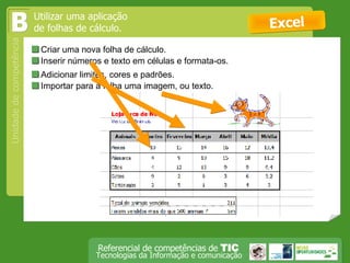  Criar uma nova folha de cálculo. Excel B  Inserir números e texto em células e formata-os.  Adicionar limites, cores e padrões.   Importar para a folha uma imagem, ou texto.  Utilizar uma aplicação de folhas de cálculo. 