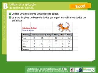  Utilizar uma lista como uma base de dados.  Excel Utilizar uma aplicação de folhas de cálculo. B  Usar as funções de base de dados para gerir e analisar os dados de uma lista.  