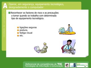  Reconhecer os factores de risco e as precauções a tomar quando se trabalha com determinado tipo de equipamento tecnológico.   ligações seguras   postura,    fadiga visual   etc. Operar, em segurança, equipamento tecnológico, designadamente o computador A 